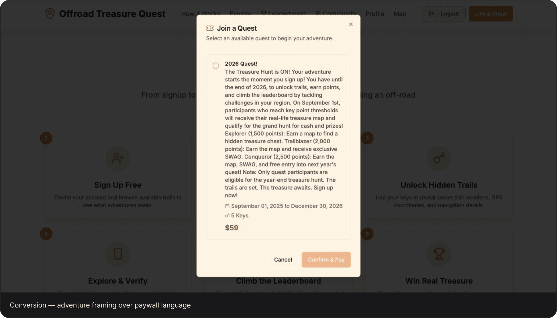 Join a Quest dialog showing the quest period, five keys, price, reward thresholds, and payment action