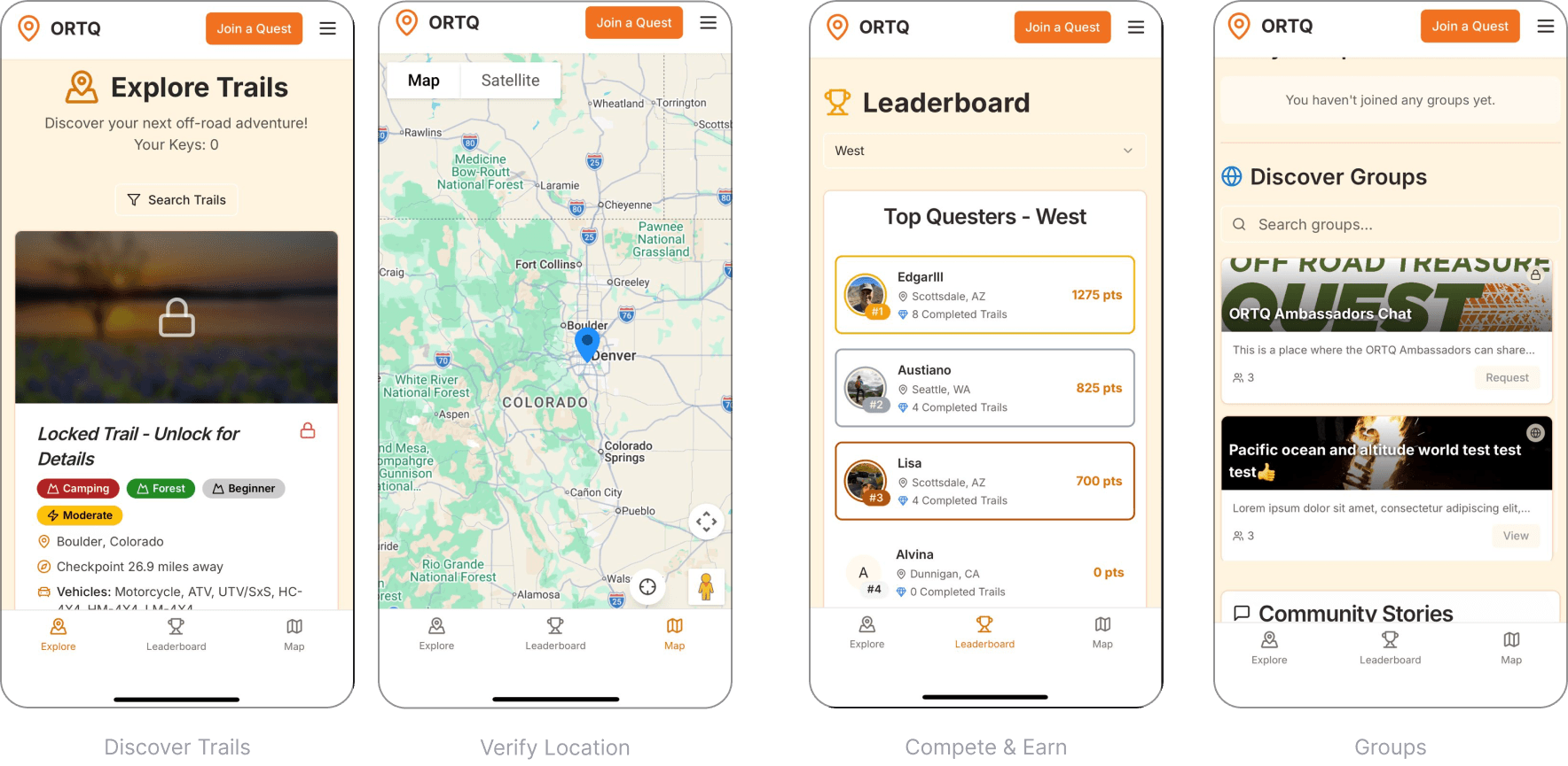 Four Off Road Treasure Quest mobile screens for trail discovery, map context, leaderboard progress, and community groups