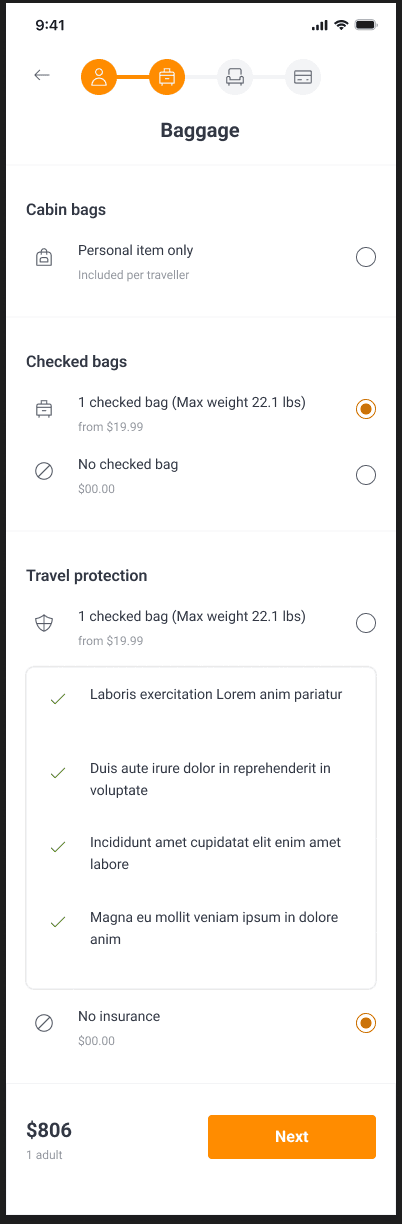 Flight checkout baggage and travel protection options