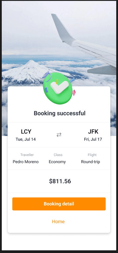 Successful flight booking confirmation with itinerary and total