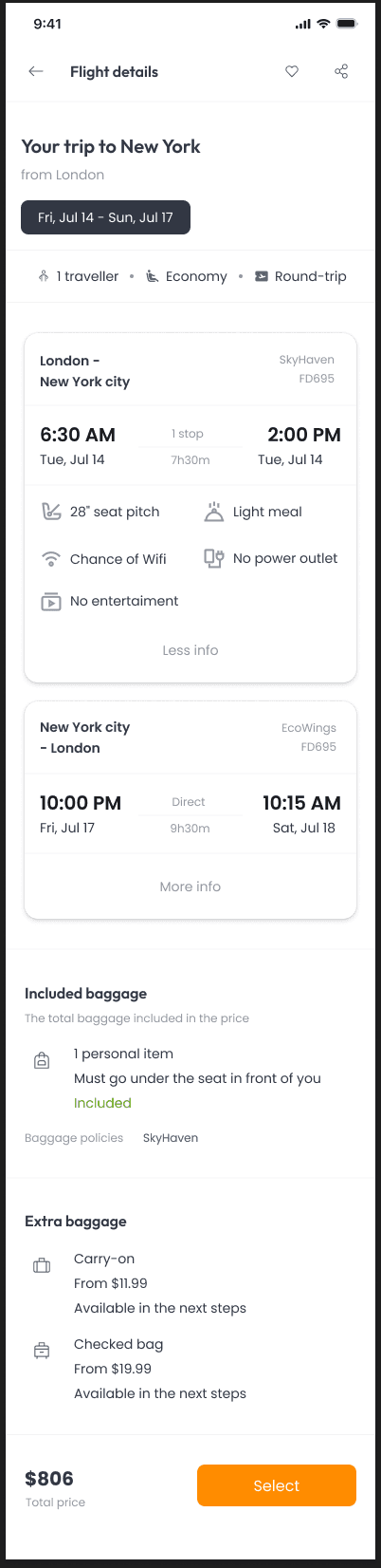 Expanded round-trip flight details with amenities and baggage information