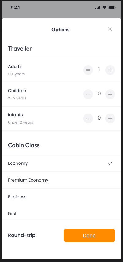 Flight search options sheet for traveler count and cabin class
