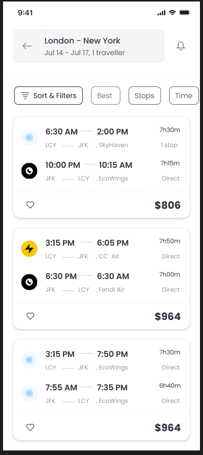 Flight search results comparing schedules, stops, airlines, and prices