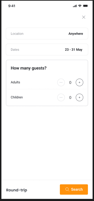 Travel search guest counter with trip summary
