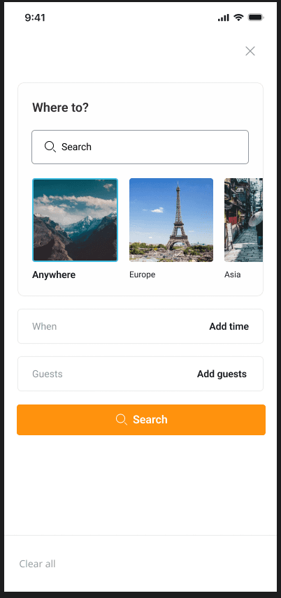 Travel search location step with regional suggestions