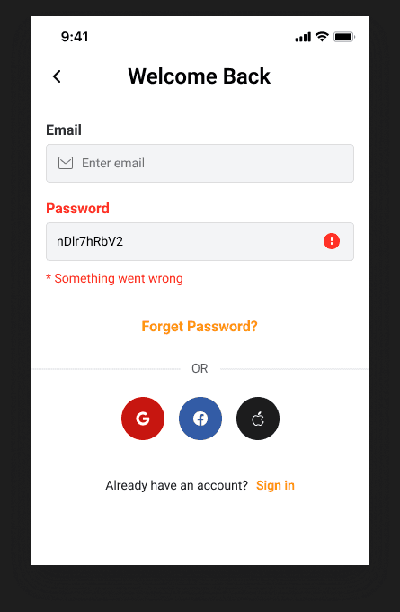 Travel application sign-in form showing an inline authentication error