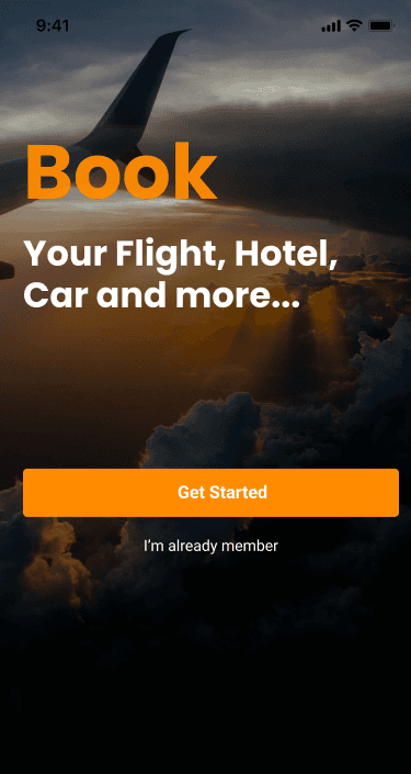 Travel application welcome screen over an airplane image
