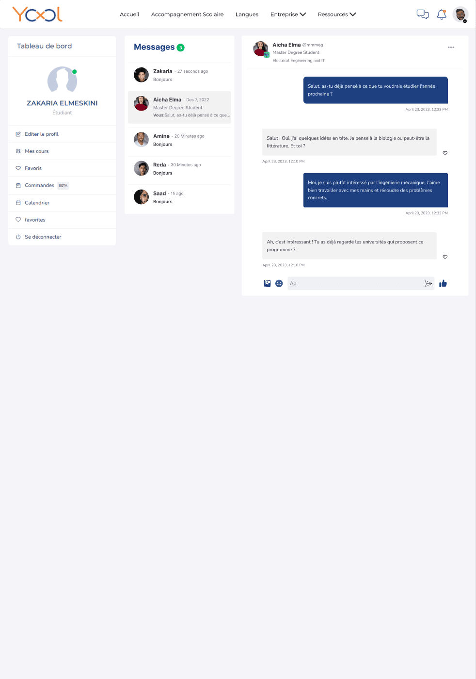 Yool messaging interface with conversation list and active learning discussion