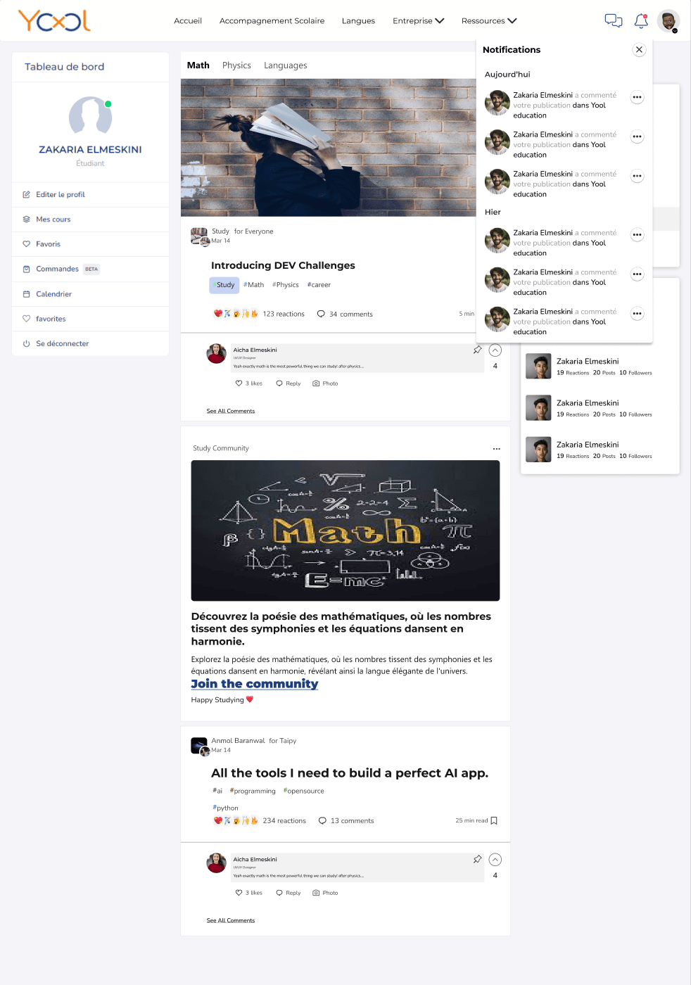 Yool learning notifications grouped by today and yesterday
