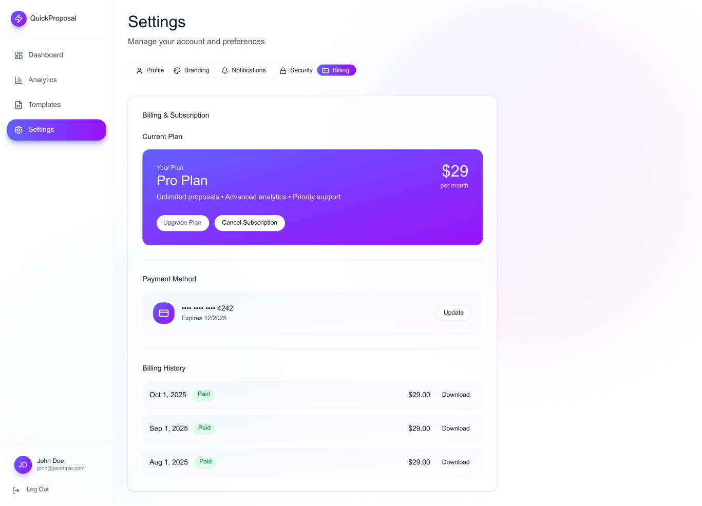 QuickProposal Settings - Billing and Subscription with Pro Plan