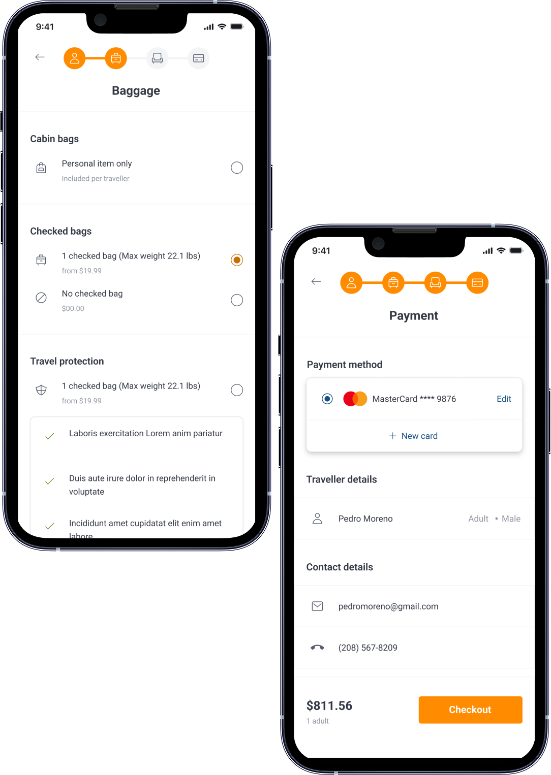 Checkout — baggage selection and payment flow