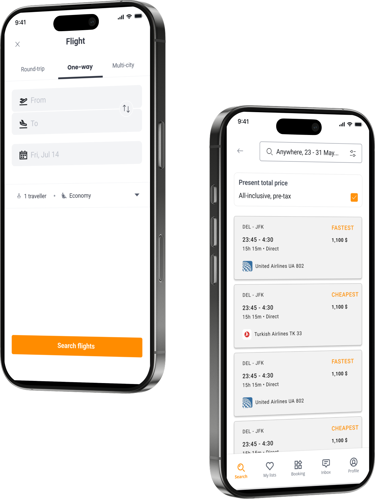 Flight search and results — fastest and cheapest sorting