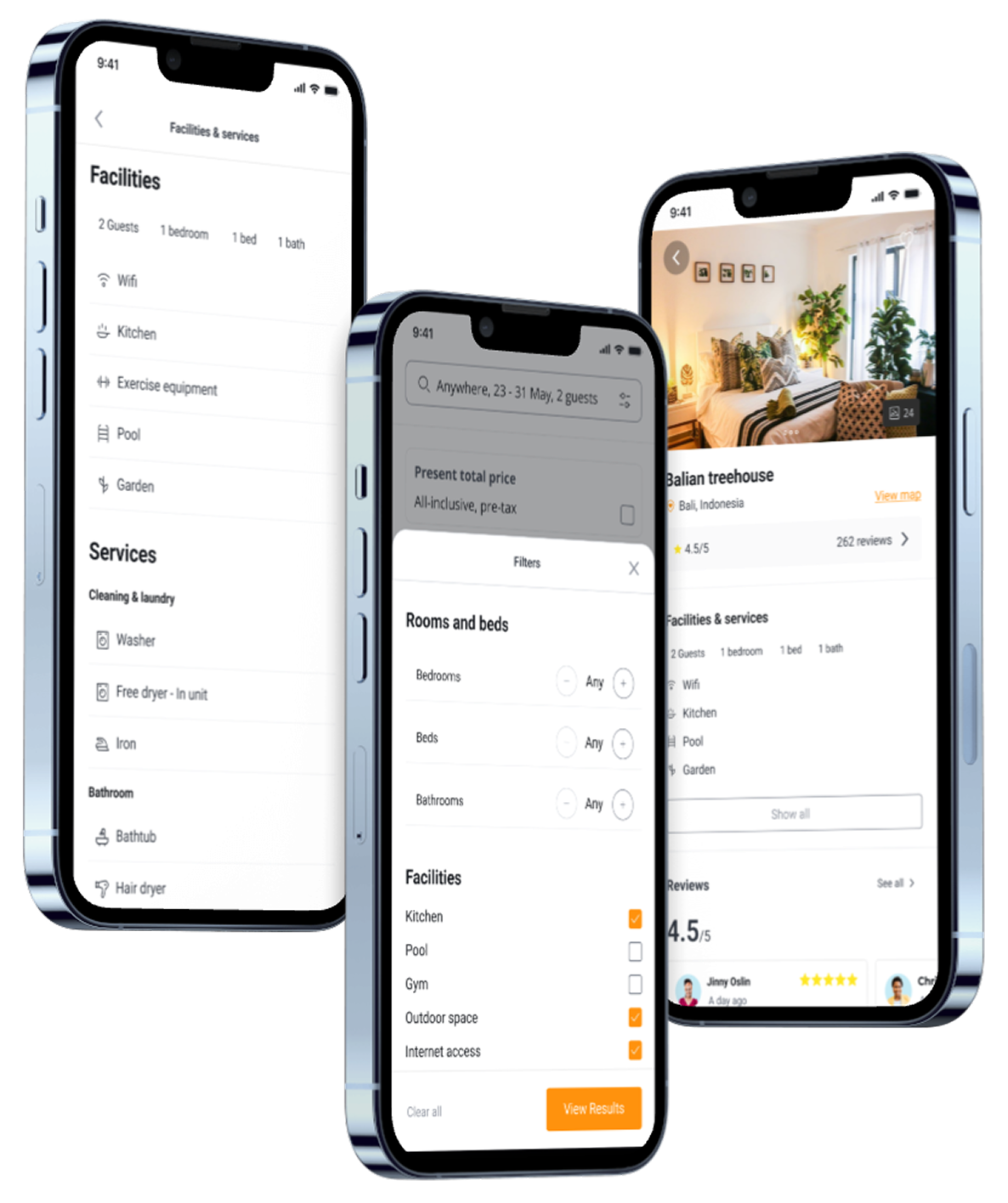 Hotel discovery — facilities, room filters, and listing detail